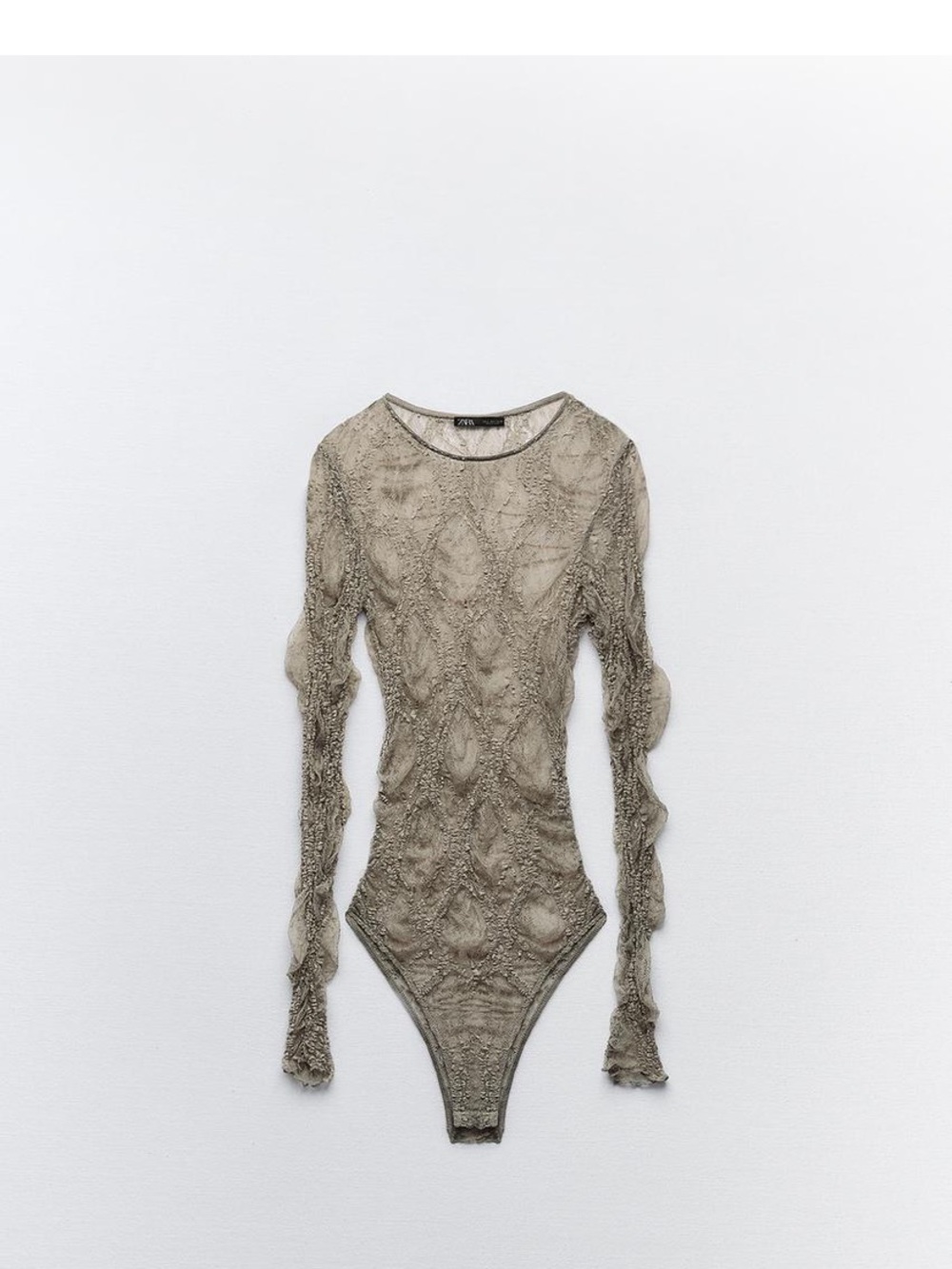 Zara Olive Sheer Lace Long-Sleeve Bodysuit
